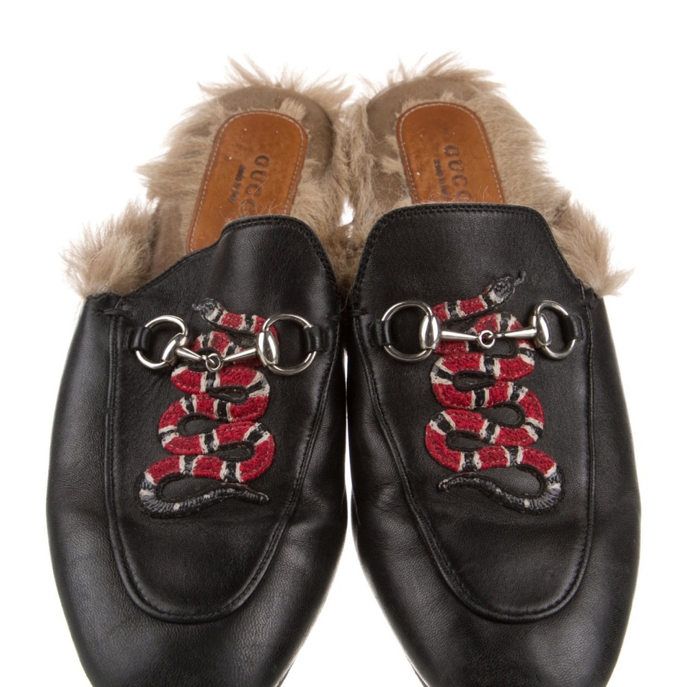 Gucci Black Leather Fur-Lined Princetown Mules with Red Snake Embroideries